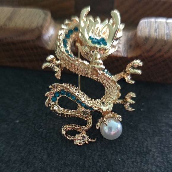 Jewelry - Gold Dragon Brooch with Teal Crystals and Pearl Accent